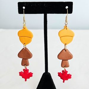 SD Handmade Autumn Acorn Leaf Mushroom Fall Dangling Polymer Clay Hook Earrings
